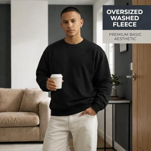 Rocawear Oversized crewneck Sweatshirt Long Sleeve Cotton Washed Fleece XXL Heavyweight 350 GSM Relaxed Fit Casual Pullover - Black, XX-Large - Thumbnail 3