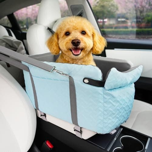 Bolfie Center Console Dog Car Seat for Small Dogs, Elevated Pet Booster Seat with Safety Leash & Pocket, Washable Puppy Car Seat, Stable Armrest Dog Bed for Small Dogs & Cats Under 15 lbs, Blue