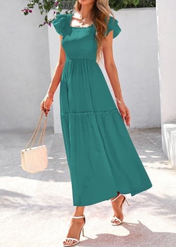 KIRUNDO Smocked Summer Dresses for Women 2026 Wedding Guest Midi Flowy Ruffle Short Sleeve Square Neck Tiered Sundress(Blue Green, X-Large) - Thumbnail 5