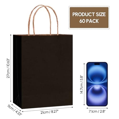 Qioxiou 60 Pack Black Gift Bags 8.27x4.33x10.63 Medium Kraft Paper Gift Bags with Handles Bulk, Black Paper Sacks for Wedding Birthday Party Favor, Business, Retail, Shopping, Merchandise, Grocery - Thumbnail 2