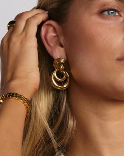 UANNEAU Gold Chunky Earrings for Women Trendy, 14K Gold Plated Dainty Blod Big Earrings Statement Minimalist Hypoallergenic Earrings Gifts for Her Mom - Thumbnail 4