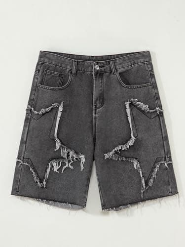 JMIERR Men's Jeans Shorts Baggy Loose Fit Knee-Length Jorts Mid Rise Wide Leg Vintage Y2K Hip Hop Streetwear Denim Shorts, Black, X-Small - Thumbnail 6