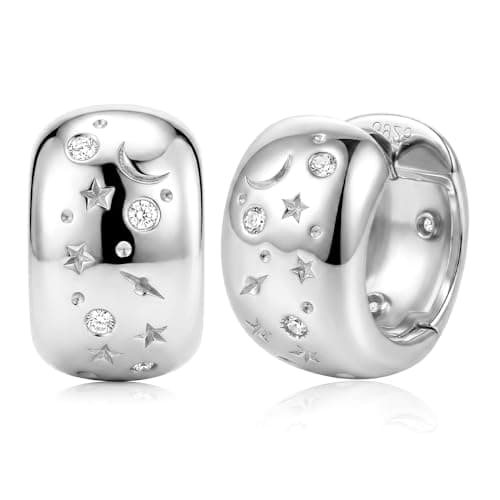 925 Sterling Silver Huggies Earrings for Women, 4K Gold Plated Small Hoop Earrings with Cubic Zirconia, 14mm Hypoallergenic Dainty Earrings Space Jewelry Gift for Her (White Gold) - Image 1