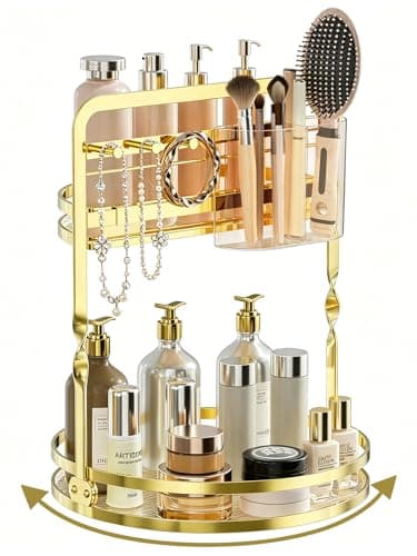 DUANFEE 360° Rotating Makeup Organizer for Vanity, 2-Tier Gold Bathroom Organizer Countertop with Makeup Brush Holder & Jewelry Hooks, Spinning Bathroom Counter Organizer for Perfume Skincare Dresser