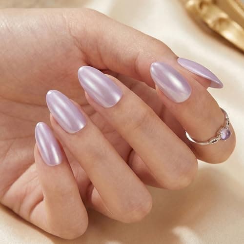 Bioday Press on Nails Short Almond, Soft Gel Purple Cat Eye Fake Nails Kit, Reusable Stick on Nails with Glue, 30Pcs 15 Sizes Salon Quality False Nails, Ideal for Spring Summer Vacation DIY Gifts - Image 1