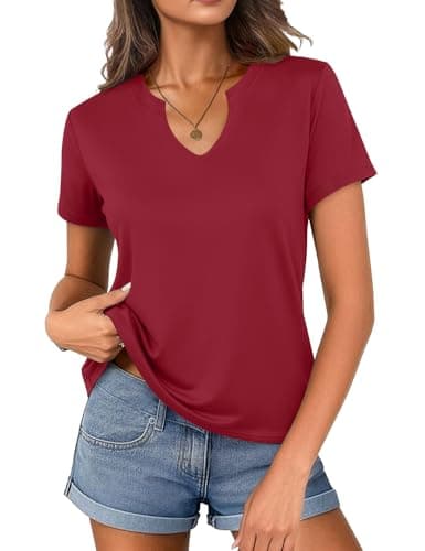 Women's V Neck Cotton T-Shirts Breathable Short Sleeve Tops Lightweight Stretch Summer Tees (Wine Red,Medium) - Image 1