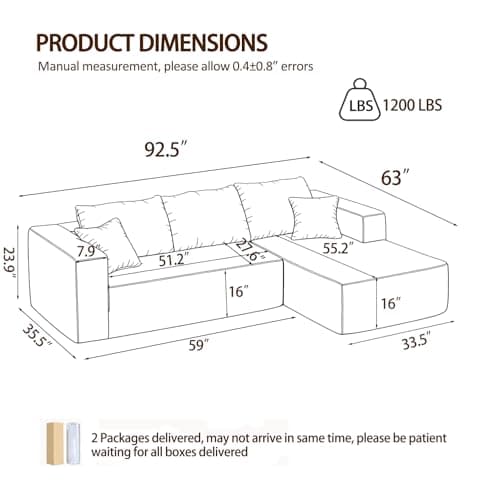 92.5" Modular Sectional Sofa, L-Shaped Cloud Couch with Deep Seats & Chaise, Convertible 4-in-1 Corduroy Boneless Couches for Living Room, Bedroom, No Need Assembly - Beige(Right Facing Chaise) - Thumbnail 2