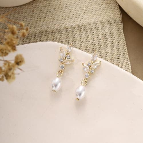 Solistra Pearl Earrings for Women Dainty Diamond Pearl Drop Dangle Earrings 14k Gold Plated for Weddings Bridesmaid Gifts - Thumbnail 4