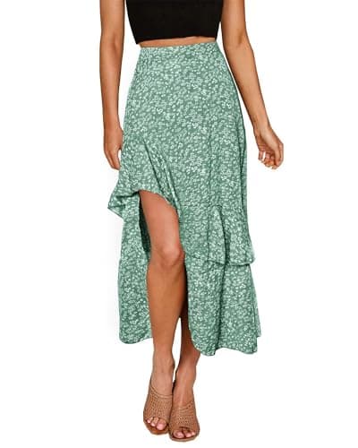 BTFBM Women 2026 Spring Summer Long Skirts Dress Boho Floral Elastic Waist Split Ruffle High Low Beach Maxi Skirt Clothes(Print Floral Green, Small) - Image 1