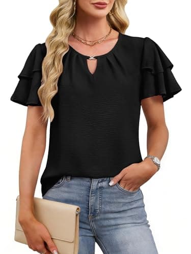 Chulianyouhuo Women Dressy Casual Textured Tops Ruffle Short Sleeve T Shirts Cute V Neck Pleated Summer Business Work Blouse Black - Image 1