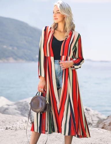 Women's Long Striped Kimono Cover Ups Lightweight Summer Cardigan Dusters Boho Sheer Colorful Rainbow Flowy Small - Thumbnail 2