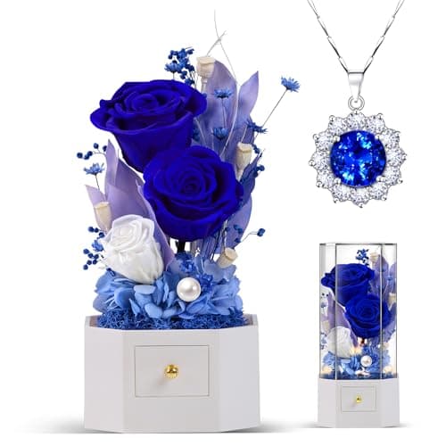 Eluvian Forever Preserved Roses Flowers with Necklace 18K White Gold Plated Birthday Gift for Mom Girlfriend Wife Long-Lasting Eternal Rose Music Box Gift for Anniversary Christmas Mother's Day-Blue - Image 1