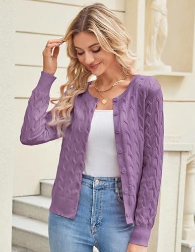 GRACE KARIN Womens Button Up Cable Knit Cardigan Long Sleeve Cropped Cardigan Sweaters for Women Lightweight Purple L - Thumbnail 3