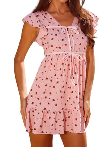 YUNDAI Women’s Floral Ruffle Mini Dress Tie Front Boho Short Sleeve Summer Outfit Pink - Image 1