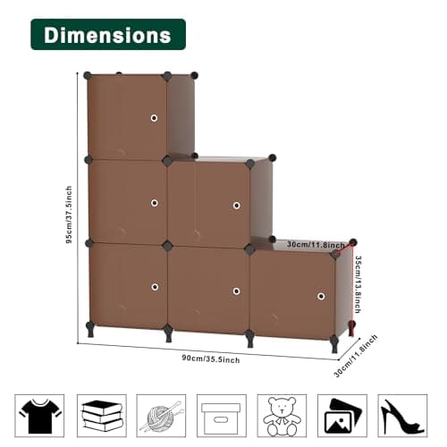 ATTDETJL Cube Storage Organizer, 6-Cube Shelves Unit with Doors, DIY Stackable Plastic Clothes Organizer for Bedroom and Under Stairs Storage Unit, Each Compartment 30 x 30 x 30 cm Brown ATTSL6007 - Thumbnail 3