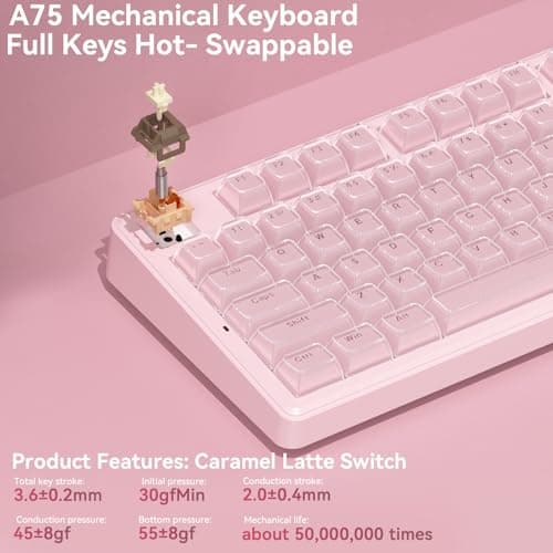 SOLAKAKA A75 Wireless Gaming Keyboard with Multifunction Knob, BT5.0/2.4GHz/USB-C, 75% Mechanical Keyboard, Hot-Swappable, Gasket Creamy Keyboard with RGB Backlit, Crystal Keycaps, for PC/Mac/PC - Thumbnail 5