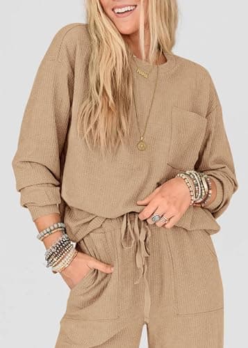 KIRUNDO Lounge Sets for Women 2026 Fall Airport Travel Outfits Ribbed Knit Tops Jogger Pants Tracksuit Postpartum Comfy Set(Khaki, XX-Large) - Thumbnail 5