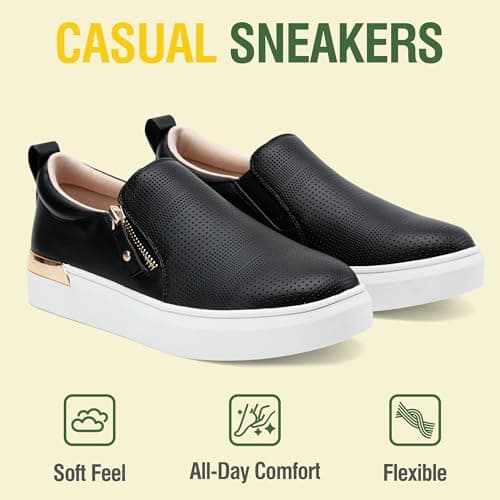 Jeossy Women's Black Slip On Shoes Casual Fashion Sneakers 8010 Arch Support Loafers for Women with Zipper Size 8.5 (DJY8010 blackperf 08.5) - Thumbnail 3
