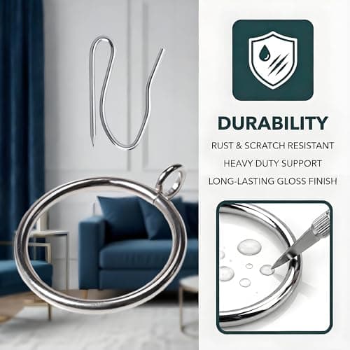 Curtain Rings with Eyelets, Metal Curtain Hooks for Drapes, Drape Ring 1.5 in Inner Diameter Fits Up to 1 1/4 inch Curtain Rod, 1.2 in Drapery Pins (22Pcs Silver Curtain Rings and 30Pcs Silver Hooks) - Thumbnail 4