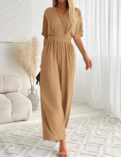 LOOKBOOK Jumpsuit for Women Dressy Elegant Wide Leg Casual V Neck Short Sleeve Summer One Piece Outfits with Pockets Khaki S - Thumbnail 5