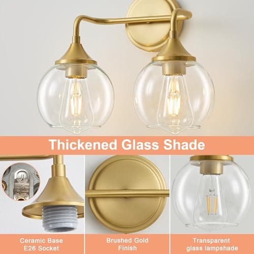 Gednbo Gold Bathroom Vanity Light with Clear Glass Shade, E26 Base, 2-Light Bathroom Light Fixtures Over Mirror, 14 Inch Vanity Lights for Bathroom (Exclude E26 Bulb) - Thumbnail 3