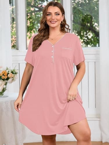 AusLook Plus Size Pink Nightgown for Women Midi Sleep 2X Dress Short Sleeve V Neck Loose Fit Lounge House Dress Soft Casual Night Dress - Thumbnail 2