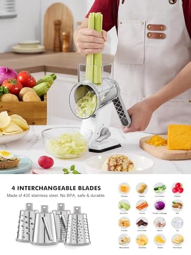 GDL Rotary Cheese Grater Hand Crank - Upgraded Cheese Shredder with 4 Interchangeable Blades, Rotary Grater with Non-slip Suction Base, Easy to Clean Kitchen Grater Slicer Grinder for Vegetable Nuts - Thumbnail 3