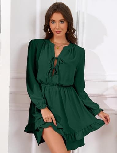 Angashion Women's 2026 Fall Casual Long Sleeve Mini Dress Self Tie V Neck Layer Ruffle Hem Dresses with Pockets Dark Dreen Large - Thumbnail 5
