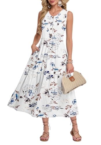 MOLERANI Summer Maxi Dresses for Women 2026 Vacation Sleeveless Loose Long Beach Dress Casual Button Down Sundresses with Pockets,Floral White-S - Image 1