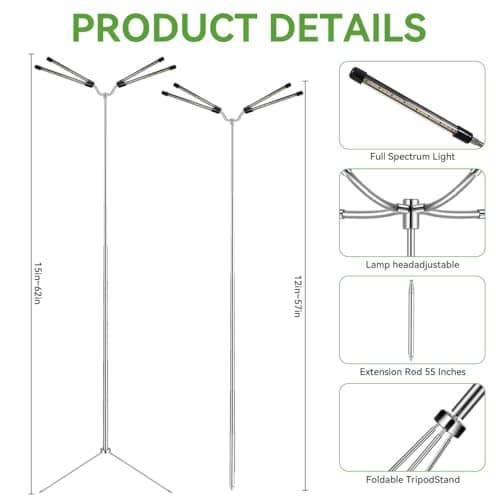 Grow Lights for Indoor Plants Full Spectrum,15-62 Inches Height Adjustable Dsektop and Standing Plant Growing Lights with Detachable Tripod Stand for Large and Small Plants, Auto On/Off Timer - Thumbnail 4