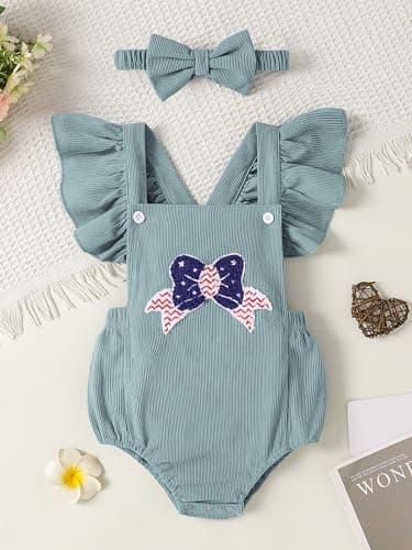 GEMLON Baby Girl 4th of July Outfit Ruffled Sleeveless Embroidery Preemie Bodysuit with Headband 3-6 Month Girl Clothes - Thumbnail 4