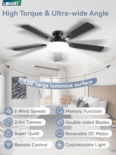 52 Inch Ceiling Fan with Lights and Remote, 30W 12" LED Panel Flush Mount Ceiling Fan, 6-Speed Quiet DC Motor Modern Low Profile Ceiling Fan with Reversible Blades for Bedroom, Living Room, Patio - Thumbnail 2