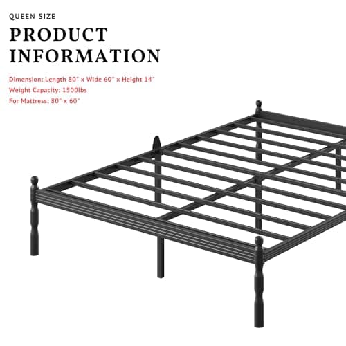 ZIYOO 14 inch Metal Queen Bed Frame with Vintage Style, Mattress Slide Stopper, 1500LBS Heavy Duty Steel Slats, No Box Spring Needed, Platform Noise-Free, Easy Assembly - Thumbnail 3