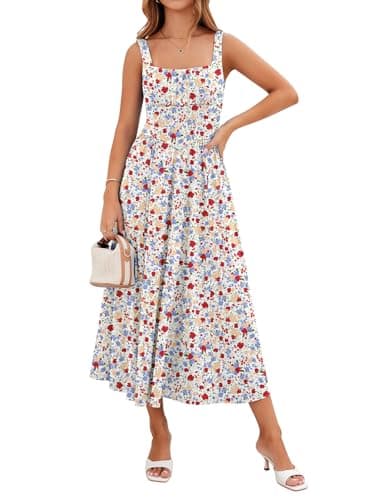 YIOYOLA Sundresses for Women 2026 Casual Dress for Women with Pockets High Waist Square Neck Midi Red Blue Floral Vacation Dresses(YYL645-Blue Red F 01,XL) - Image 1