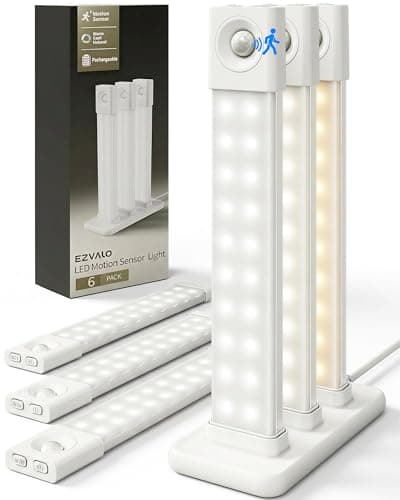 EZVALO 6 Pack LED Under Cabinet Lights Wireless with Charging Station, 8 inch Motion Sensor Light Indoor, 1100mAh Rechargeable, 3 Color Temperatures, Dimmable Closet Lights for Pantry, Hallway, Stair