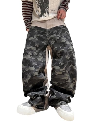 MaxOpen Men's Camo Baggy Jeans Y2k Low Rise Jeans Wide Leg Trendy Long Pants Work Streetwear Camouflage Army Green - Image 1