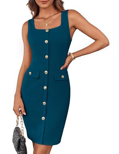 GRACE KARIN Summer Buttons Belted Square Neck Dress for Women Business Work Dress Sleeveless Bodycon Dress Peacock Blue S - Image 1
