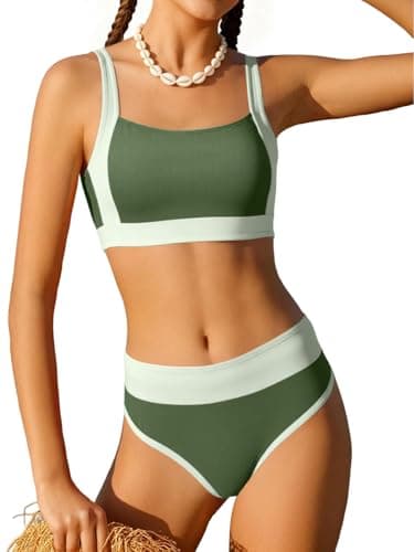 AMAWMW Teen Girls Bathing Suit Bikini Set Color Block Adjustable Straps Swimsuit Quick Dry Two Piece Swimwear 7-16Y, Green, 13-14 Years - Image 1
