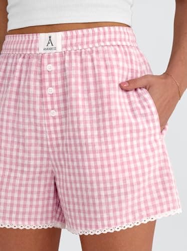 ANRABESS Boxer Shorts for Women 2026 Summer Pajama Gingham Pj Shorts Casual Lounge Sleep Plaid Y2K Beach Bottoms Outfits Pink White Plaid X-Large - Thumbnail 5