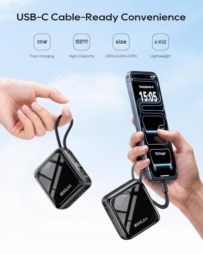 Kuulaa Small Power Bank, Ultra-Compact 10000mAh 35W Fast Charging Portable Charger with Built-in USB-C Cable, Pocket-Size Travel Battery Pack for iPhone 17/16/15, Samsung Galaxy, iPad,Black - Thumbnail 3