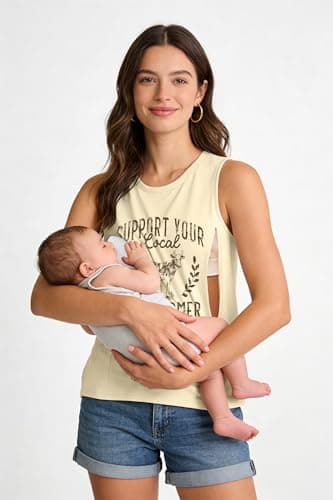 MYHALF Nursing Tank Tops Women Friendly Zip Sleeveless Breastfeeding Shirts Mama's Dairy Farm Print Maternity Clothes Apricot - Thumbnail 4