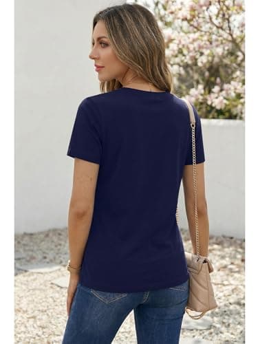 Women's T Shirt Cotton Short Sleeve T-Shirts Crewneck Basic Solid Color Tee Loose Fit Tshirts Breathable Comfy Summer Tops for Women 2026 Navy - Thumbnail 5