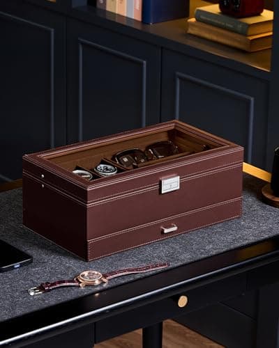 ProCase Mens Jewelry Box, Lockable 6 Slot Watch Case & 3 Slot Sunglasses Organizer, 2-layer Mens Jewelry Organizer Watch Box for Men, Watches Holder Display Storage Valentine Birthday Gifts -Brown - Thumbnail 4