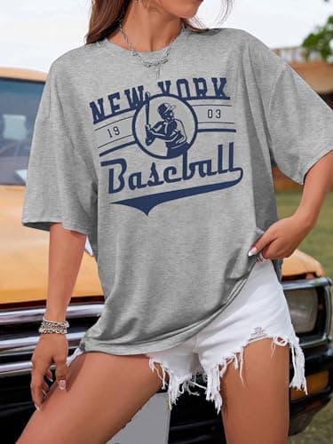 Oversized New York Baseball Shirt : Women Baseball Shirts Baseball Graphic Short Sleeve Tee Tops - Thumbnail 2