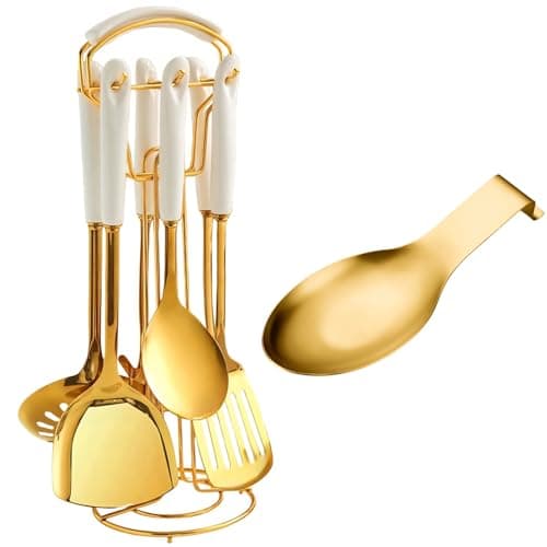 Stainless Steel Gold Kitchen Utensils Set with Holder&Spoon Rest,8pcs White