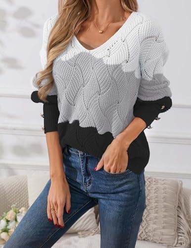 Libsorge Womens Oversized Cute Color Block Button Sweater Spring 2026 Trendy Ladies Dressy Casual Outfits Lightweight Crochet Knit Hollow Out Sexy V Neck Long Sleeve Pullover Sweaters Grey S - Thumbnail 6