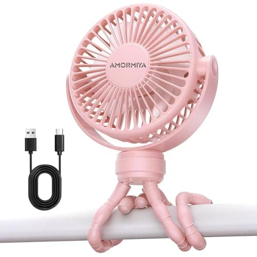 AMORMIYA Portable Battery Powered Stroller Fan with Flexible Tripod, Pink - Image 1