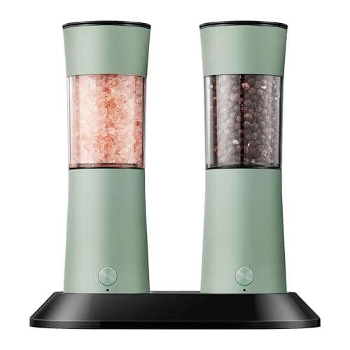 Electric Salt and Pepper Grinder Set–USB-C Rechargeable Charging Base Pepper Mill, Dual LED Light, Adjustable Coarseness,One-Handed Operation, Stainless Steel Sage Green Finish,2pack - Image 1
