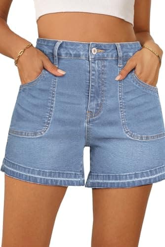 Dokotoo Ladies Jean Shorts Trendy Stretchy High Waisted Straight Leg Frayed Raw Hem Cute Denim Shorts with Pockets,Beau Blue 160 - Image 1