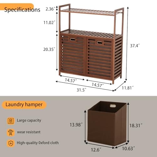 Baveke Bamboo Tilt Out Laundry Hamper with 2 Tier Shelves, Hidden Laundry Hampers with 2 Removable Bags, Pull Out Laundry Hamper Cabinet, Bathroom Storage Shelf for Laundry Room, FSC-Certified, Brown - Thumbnail 2